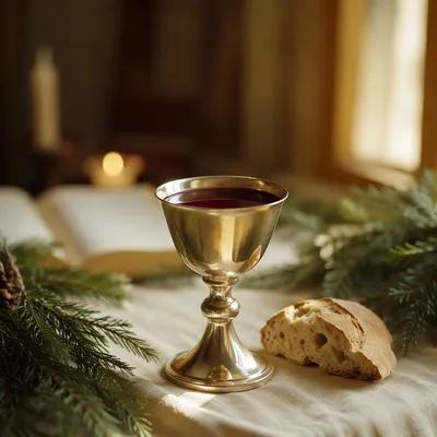 Golden Communion Chalice on Evergreen Altar
