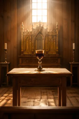 Golden Communion Chalice in Quiet Chapel