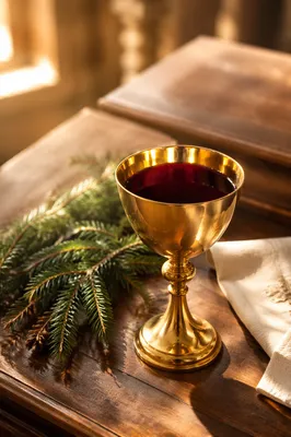 Golden Communion Chalice with Evergreen Light