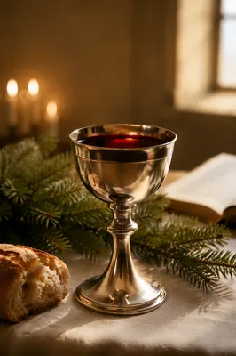 Golden Communion Chalice on Evergreen Altar