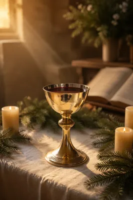 Golden Communion Chalice on Evergreen Altar