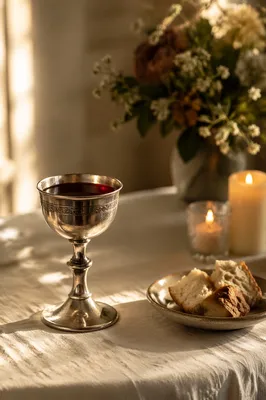 Silver Chalice with Bread in Golden Light