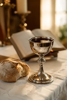 Silver Communion Chalice with Bread on Altar