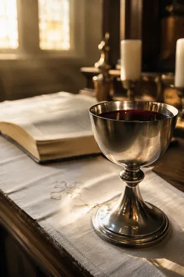Silver Chalice with Communion Wine on Altar