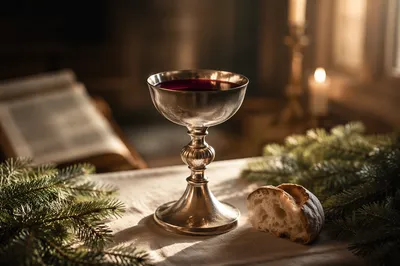 Communion Chalice on Evergreen Altar Light