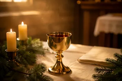 Golden Communion Chalice on Evergreen Altar