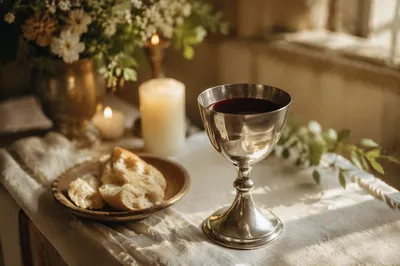 Silver Chalice with Bread and Candlelight