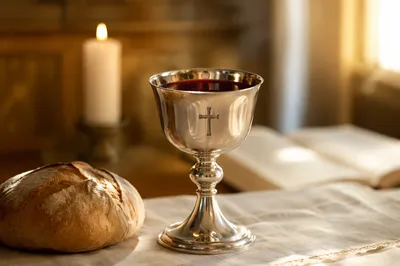 Silver Chalice and Bread in Golden Light