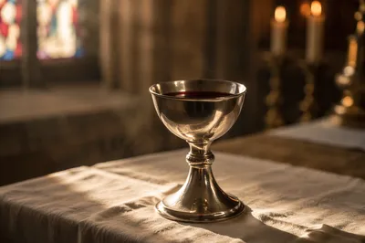 Silver Communion Chalice on Linen Altar