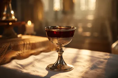 Silver Chalice with Communion Wine on Altar