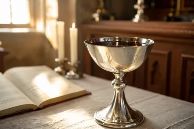 Silver Chalice with Communion Wine on Altar
