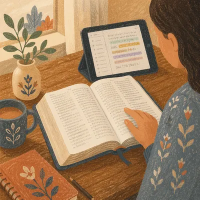 Open Bible Concordance Study on Wooden Table