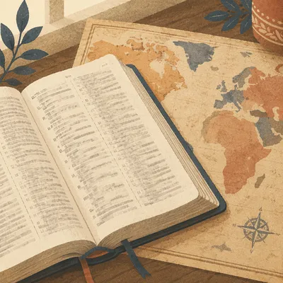 Open Study Bible on Antique Map
