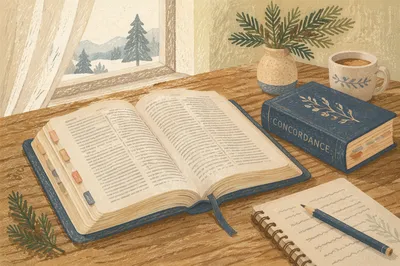 Open Bible and Concordance Study Still Life