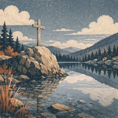 Weathered Cross Reflected in Mountain Lake