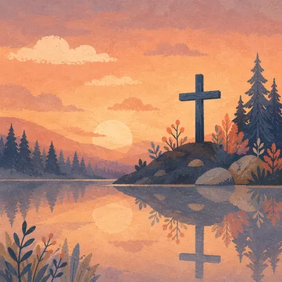 Reflected Wooden Cross by Evergreen Lake