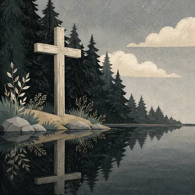 Wooden Cross Reflected in Evergreen Pond