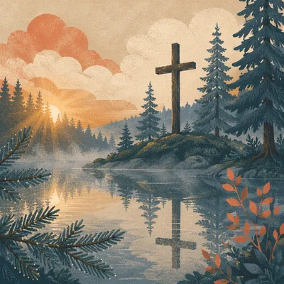 Wooden Cross Reflected in Evergreen Pond