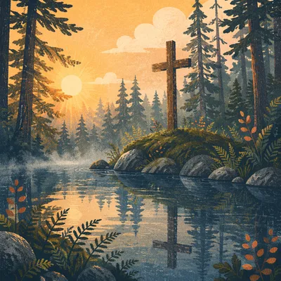Wooden Cross Reflected in Evergreen Pond
