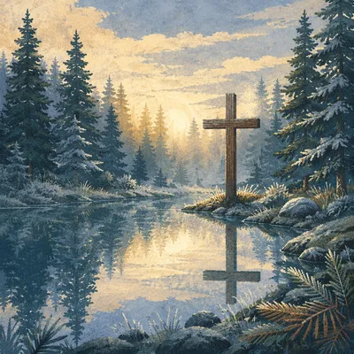 Wooden Cross Reflected in Evergreen Pond