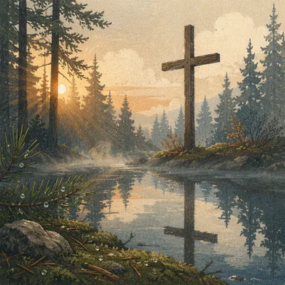 Wooden Cross Reflected in Evergreen Pond