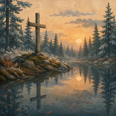 Weathered Cross Reflected in Evergreen Pond