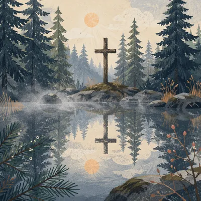 Wooden Cross Reflected in Evergreen Pond