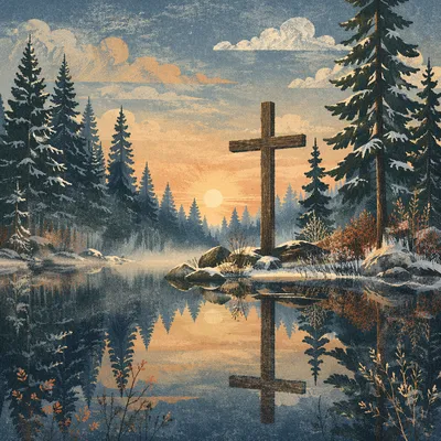 Winter Cross Reflected in Evergreen Pond