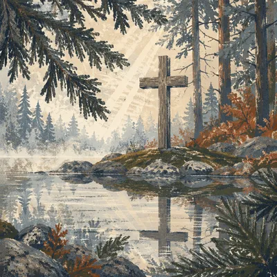 Weathered Cross Reflected in Evergreen Pond