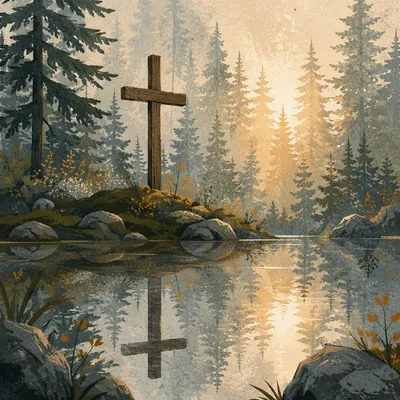 Wooden Cross Reflected in Evergreen Pond