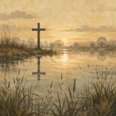 Wooden Cross Reflected in Misty Wetland