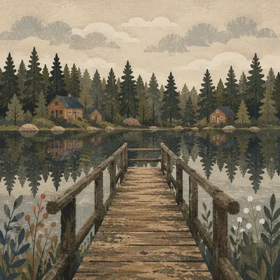 Wooden Cross Reflected on Quiet Evergreen Lake