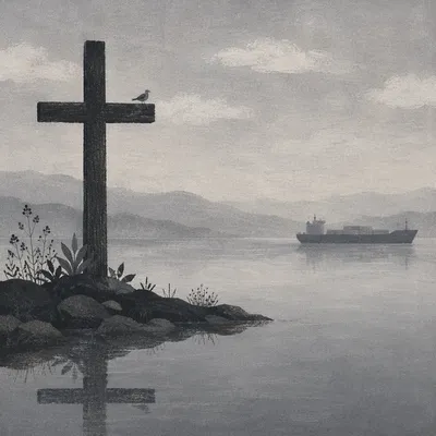 Weathered Cross Reflected on Still Coastal Water