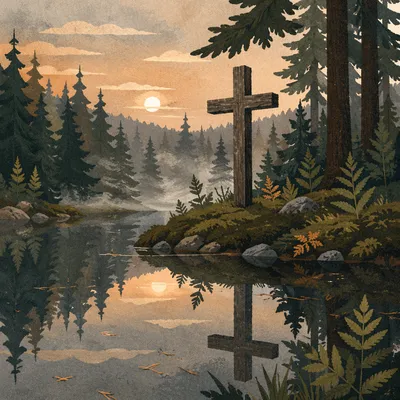 Weathered Cross Reflected in Evergreen Pond
