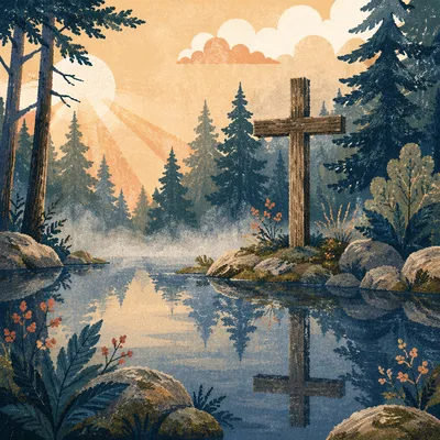 Weathered Cross Reflected in Evergreen Pond