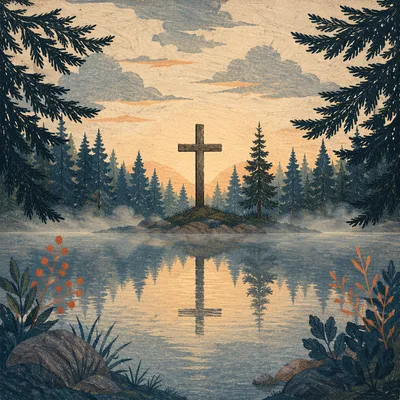 Wooden Cross Reflected in Evergreen Pond