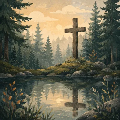 Wooden Cross Reflected in Evergreen Pond