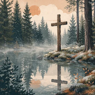 Wooden Cross Reflected in Evergreen Pond