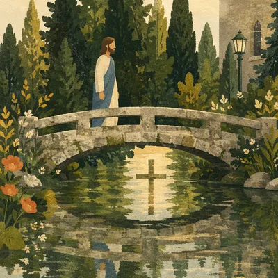 Wooden Cross Reflected in Evergreen River