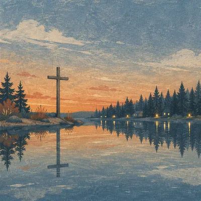 Wooden Cross Reflected on Evergreen Lake