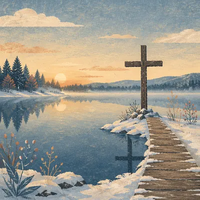 Winter Cross Reflected on Still Lake