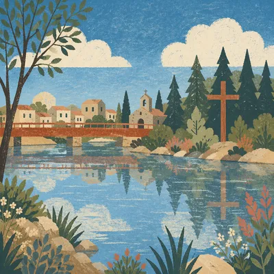 Wooden Cross Reflected by Evergreen River