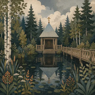 Cross Reflected in Evergreen Forest Pond