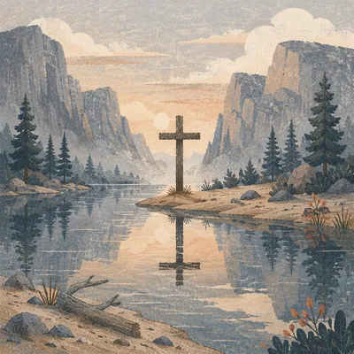 Wooden Cross Reflected in Mountain Waters