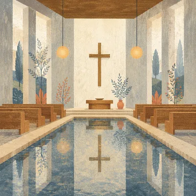 Wooden Cross Reflected in Still Chapel Water