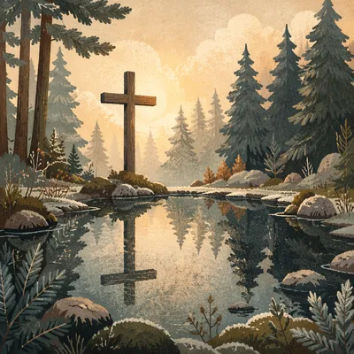 Wooden Cross Reflected in Evergreen Pond