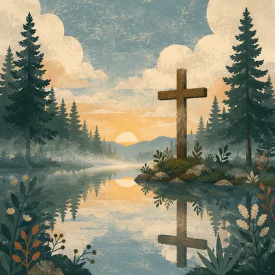 Wooden Cross Reflected in Evergreen Pond