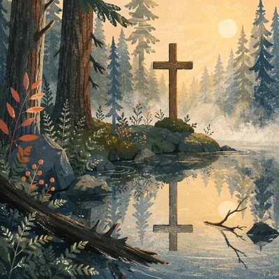 Wooden Cross Reflected in Evergreen Pond