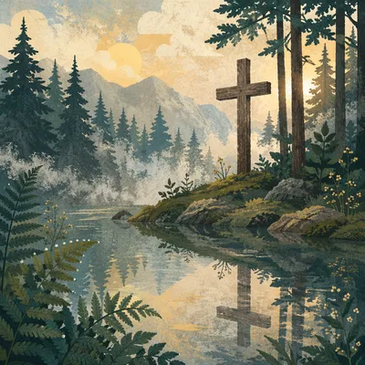 Evergreen Forest Cross Reflected in Still Water