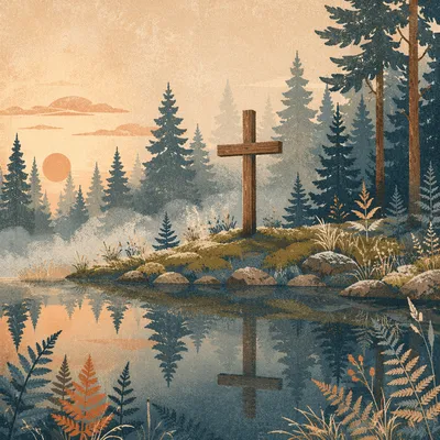 Wooden Cross Reflected in Evergreen Pond